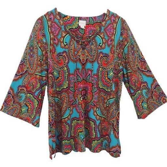 Chico's Paisley Tunic Top Size 2 Large Colorful Flare Sleeves - Picture 1 of 8